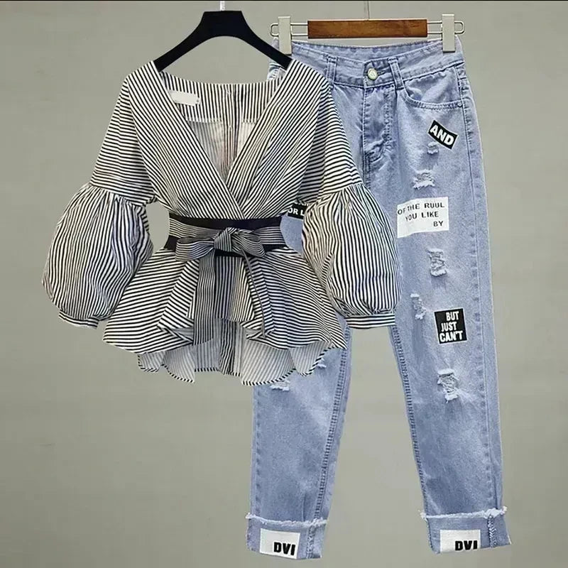 Women’s Elegant V‑Neck Chiffon Top & Korean Ripped Jeans Set