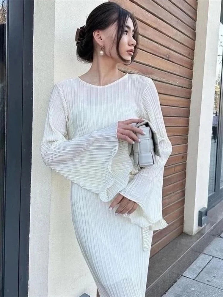 Long Sleeve Ruffled Lace-Up Ribbed Maxi Dress