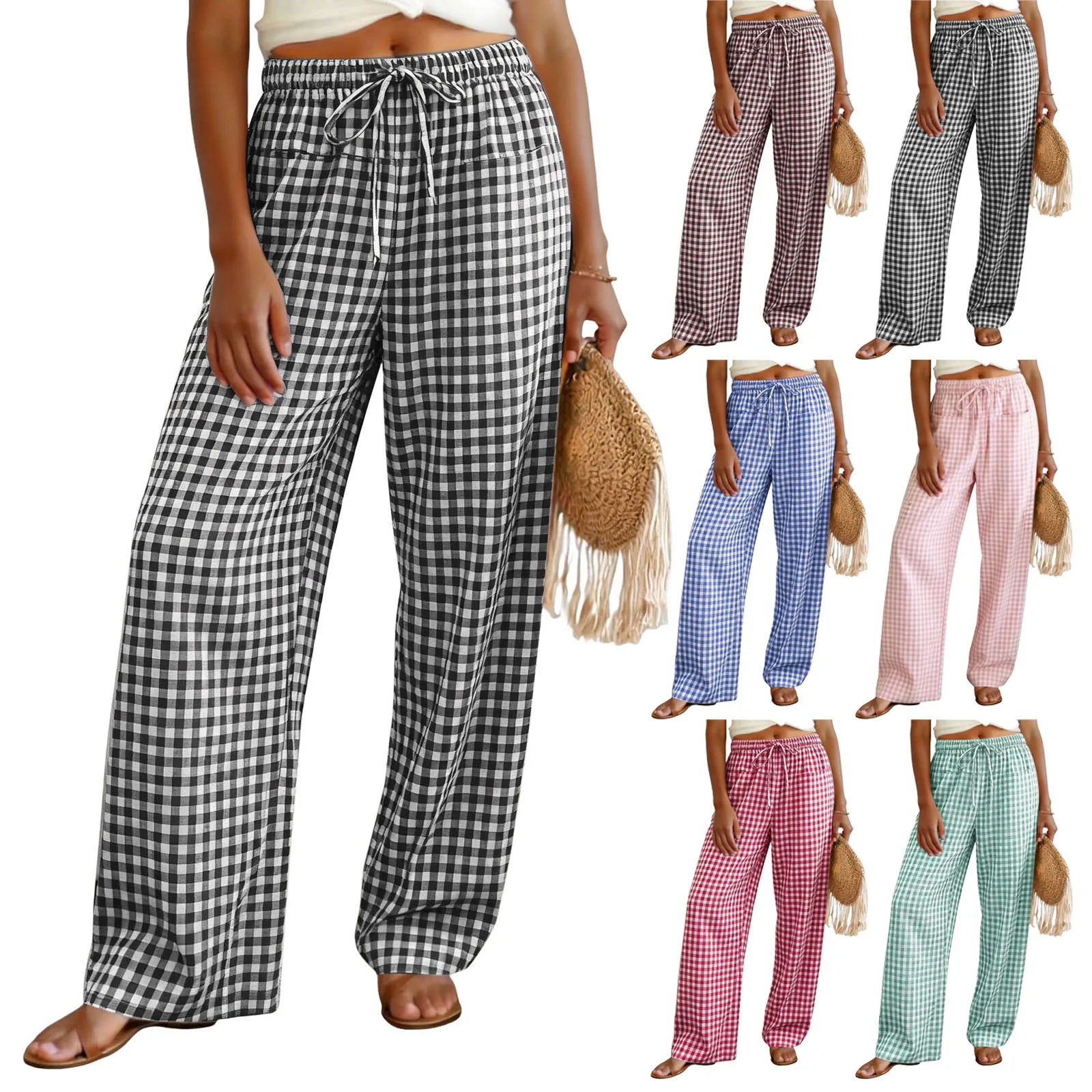 High Waisted Wide Leg Plaid Drawstring Casual Trousers