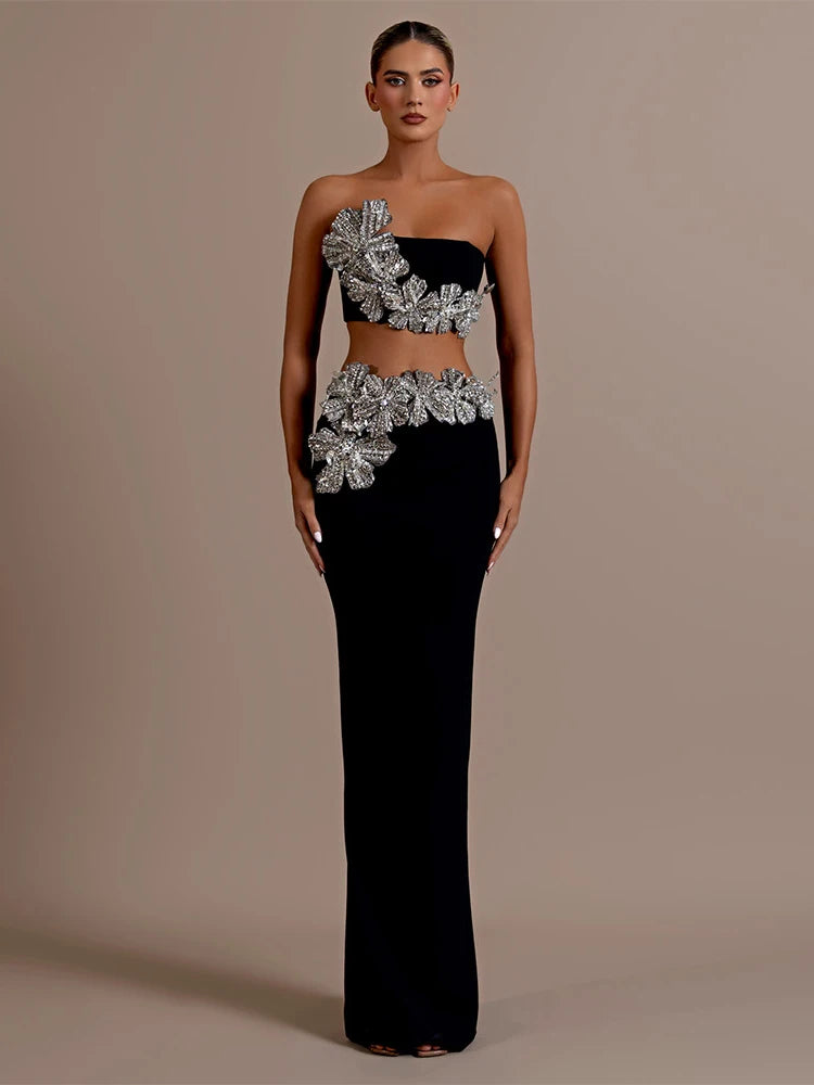 Sexy Long Sleeves Bandage Turtleneck Shiny Diamonds Flower Top + Bodycon Mini  Skirts