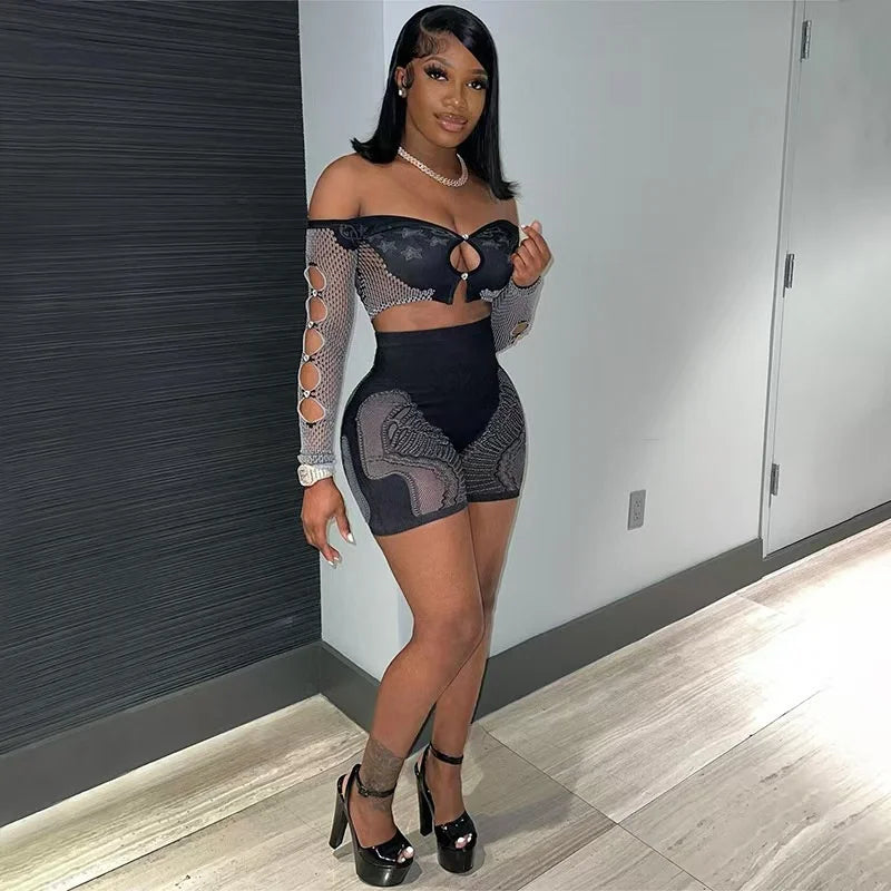 Long Sleeve Hollow Out Crop Top and Shorts Matching Sets