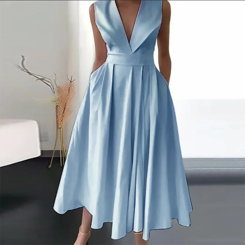 New Spring V Neck Draped Solid High Waist Pocket Pleated Long Dress