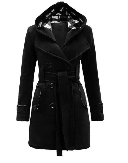 2026 Autumn Hooded  Double-Breasted Design Belt Side Pockets Plaid Splice Woolen Coats