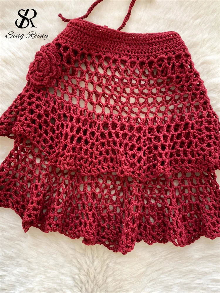 Knit Solid Beachwear Suits Halter Slim Backless Camisole+Bodycon Hollow Out Skirt Sets