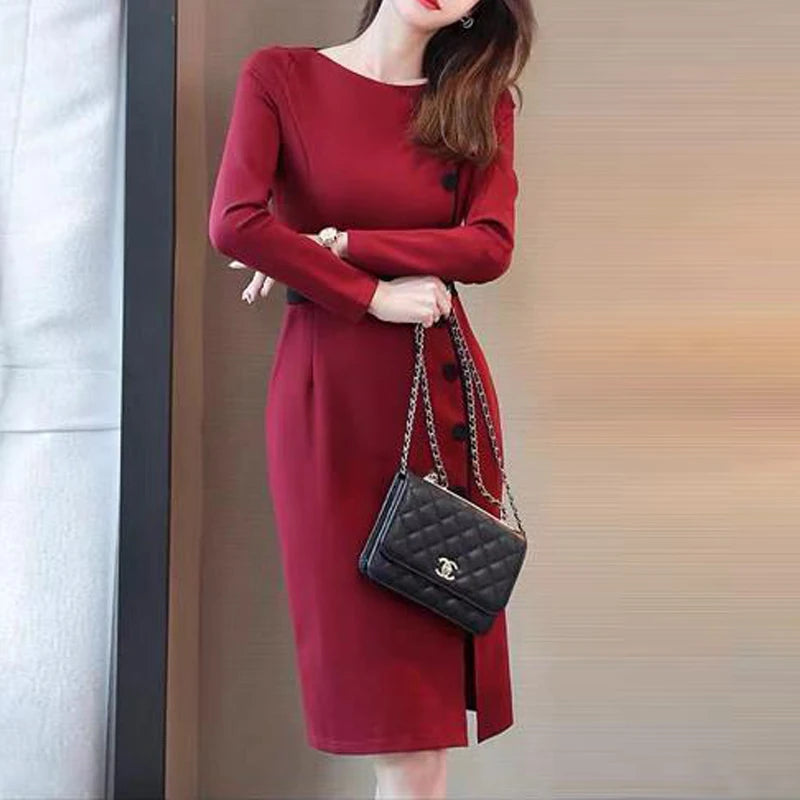 Spring Autumn Fashion Contrast Color High Waist Long Sleeve Slim Midi Dress