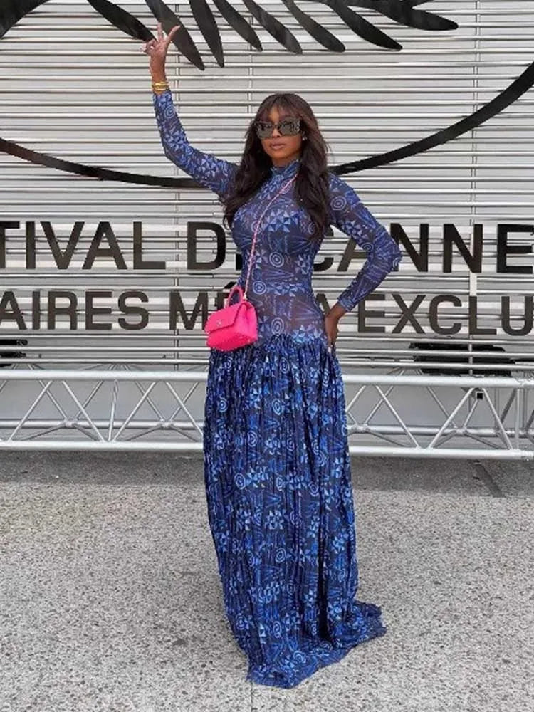 Royal Blue Mid-turtleneck High Waist Transparent  Light Long Dress with Sleeves