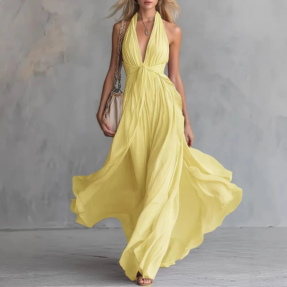 Women’s Elegant Deep V-Neck Lace-Up Long Dress