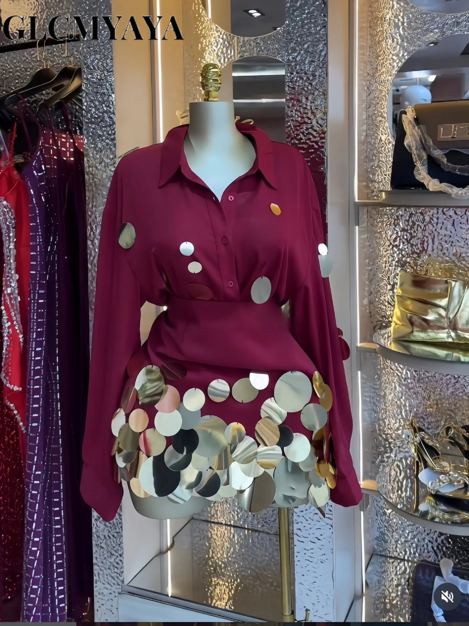 Fashion Sequined Splicing  Lapel Collar Shirt and Midi A-line Skirt Suit