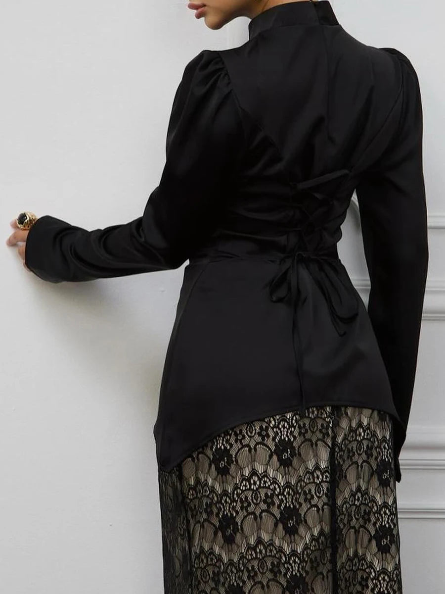 Solid Elegant Stand Collar Long Sleeve Top High Waist Lace Skirt Slimming Set