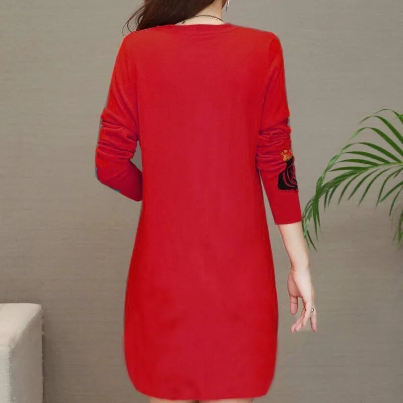 Autumn and Winter  Round Neck Long Sleeve Slim Pullover Plus Size Midi Underlay Printing Dress