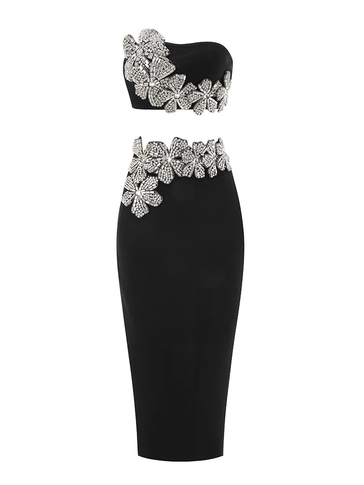 Sexy Long Sleeves Bandage Turtleneck Shiny Diamonds Flower Top + Bodycon Mini  Skirts