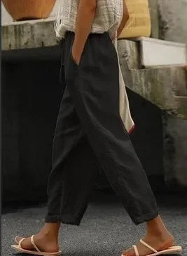 2026 Cotton Linen Loose Casual Solid Simple Drawstring Pockets Straight Leg Pants