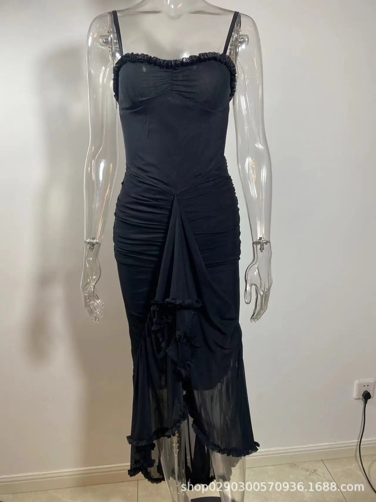Elegant Irregular Ruffles Hem Pleated Sling Maxi Dress