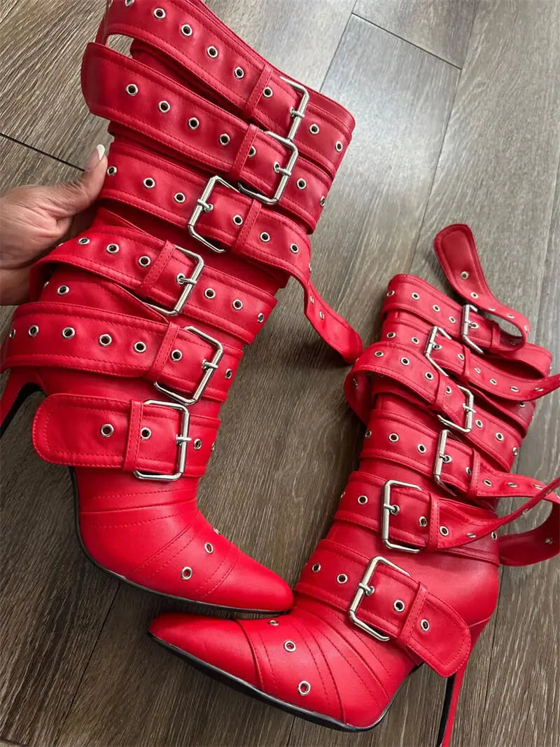 Pointed Toe Mid-Calf Boots Buckle Strap Thin High Heel