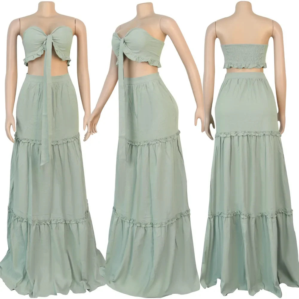 Bow Strapless Crop Top Cascanding Ruffles Long Skirt Suit
