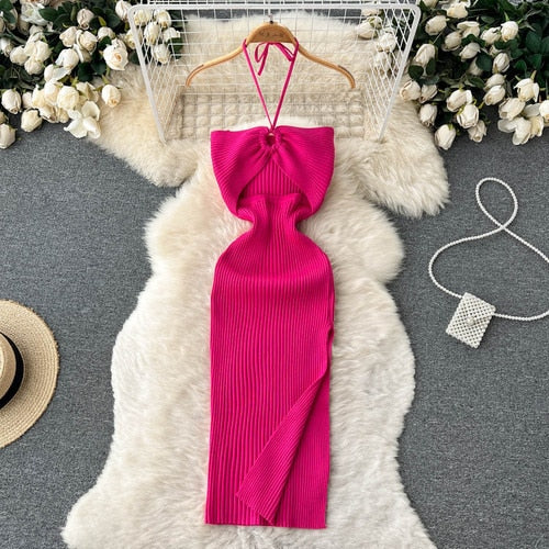 Cut Out Sexy Split Halter Crochet Bodycon Dress