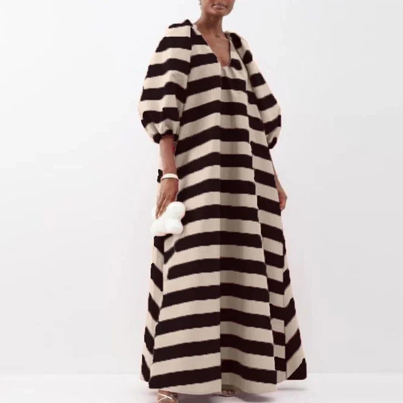 Autumn Loose Pullover Fashion Stripe Contrast Printed Maxi Dresses
