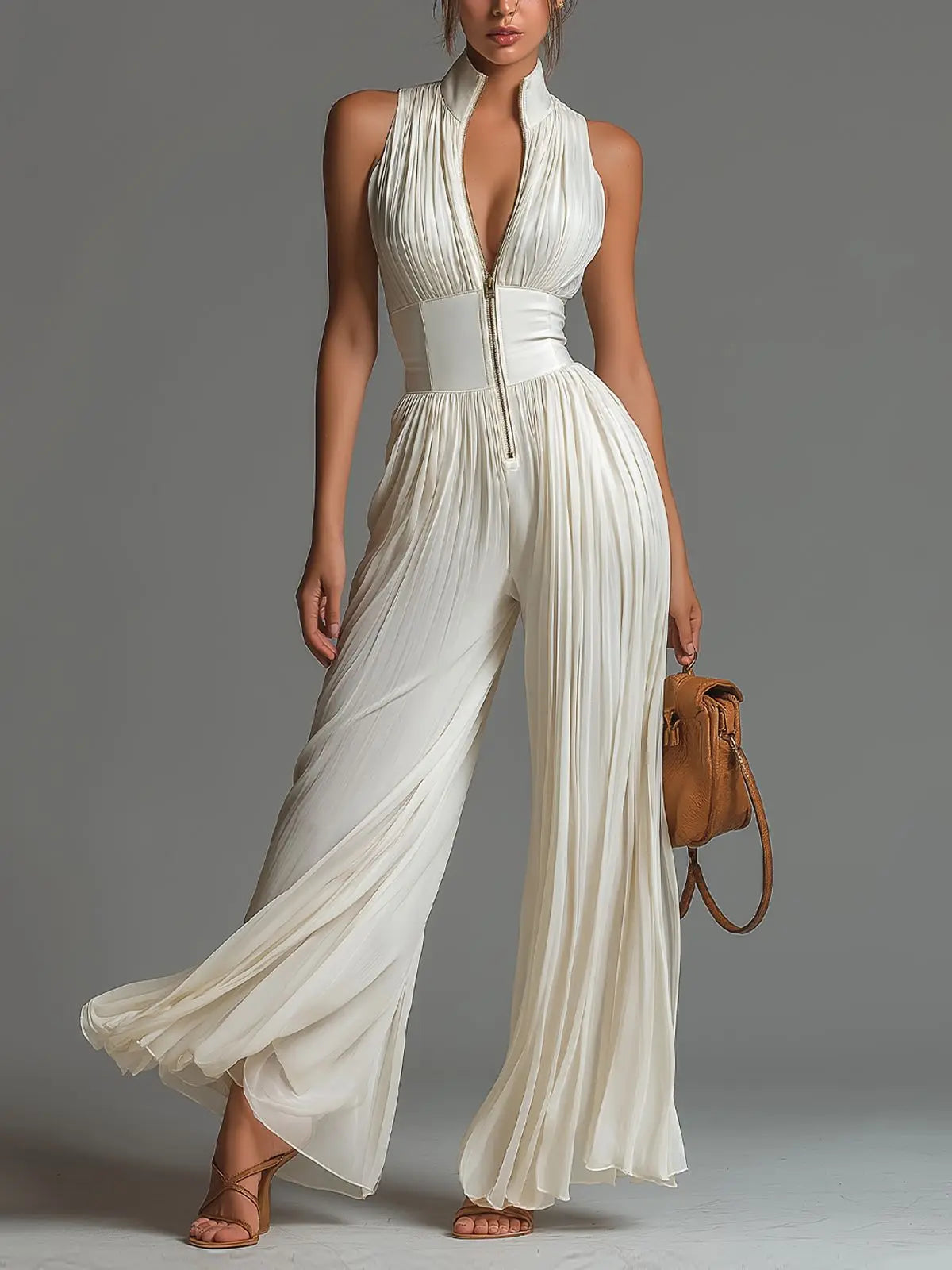 Fashion Sexy Deep V Neck Zip Jumpsuit
