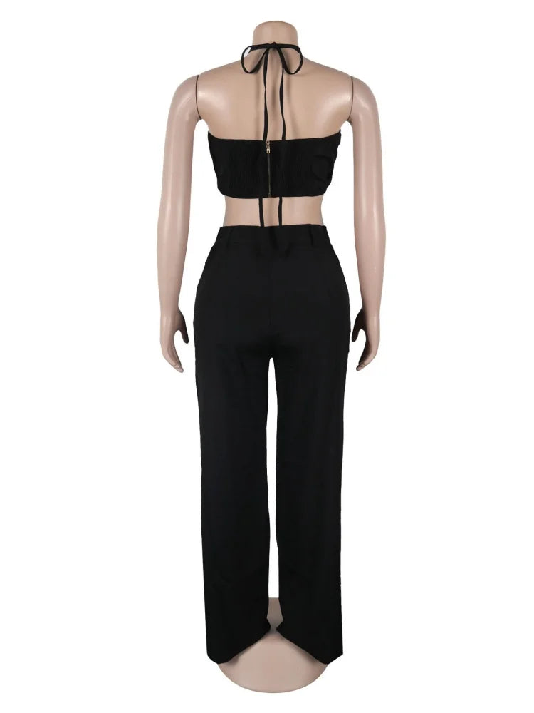 Two Piece Club Set – Cutout Crop Top & Matching Pants for Summer Nights