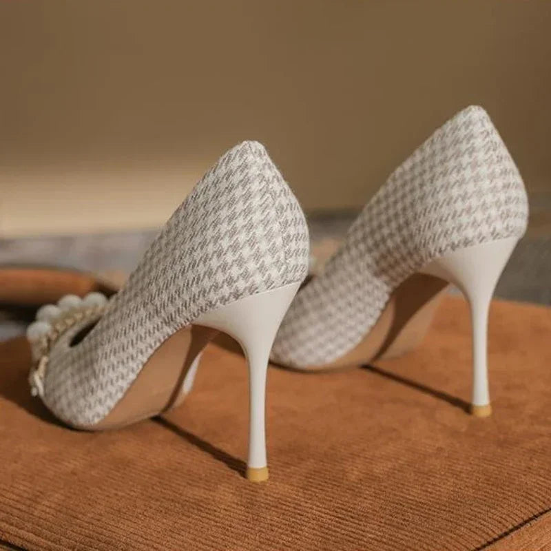 Pointed Toe Metal Chain  Pearl Formal Thin Heels