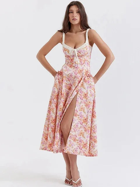 Off Shoulder Flower Print High Split Elegant Long Dresses