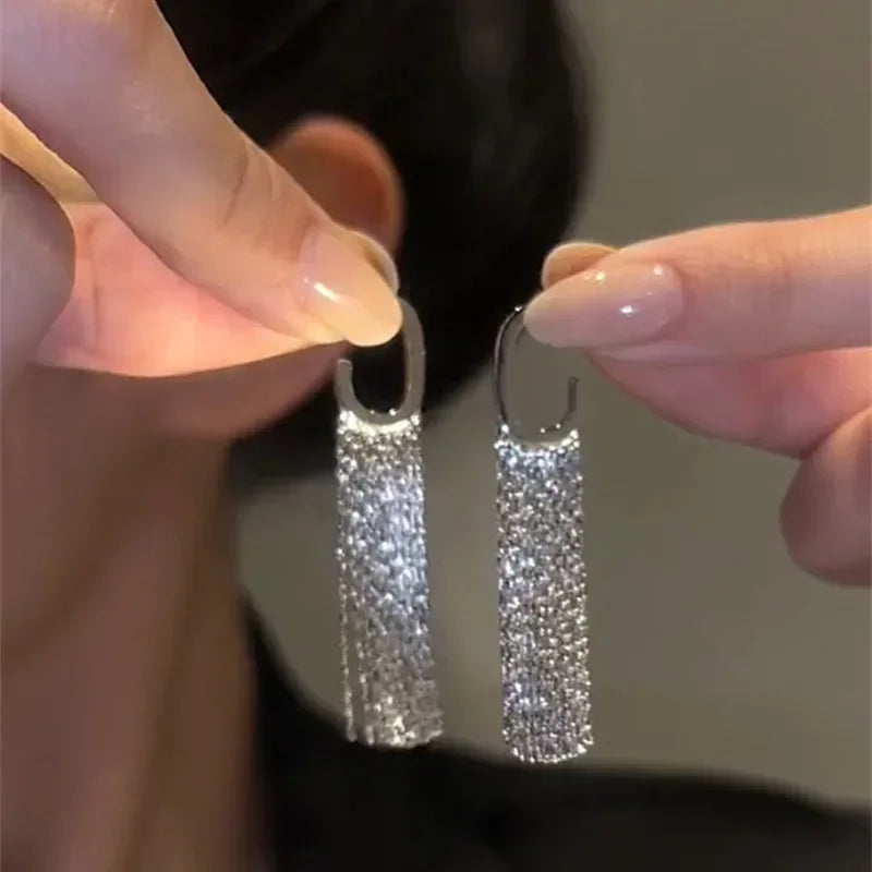 Square Blue Zircon Long Tassel Stud Earrings – Elegant Sparkle for Every Special Moment
