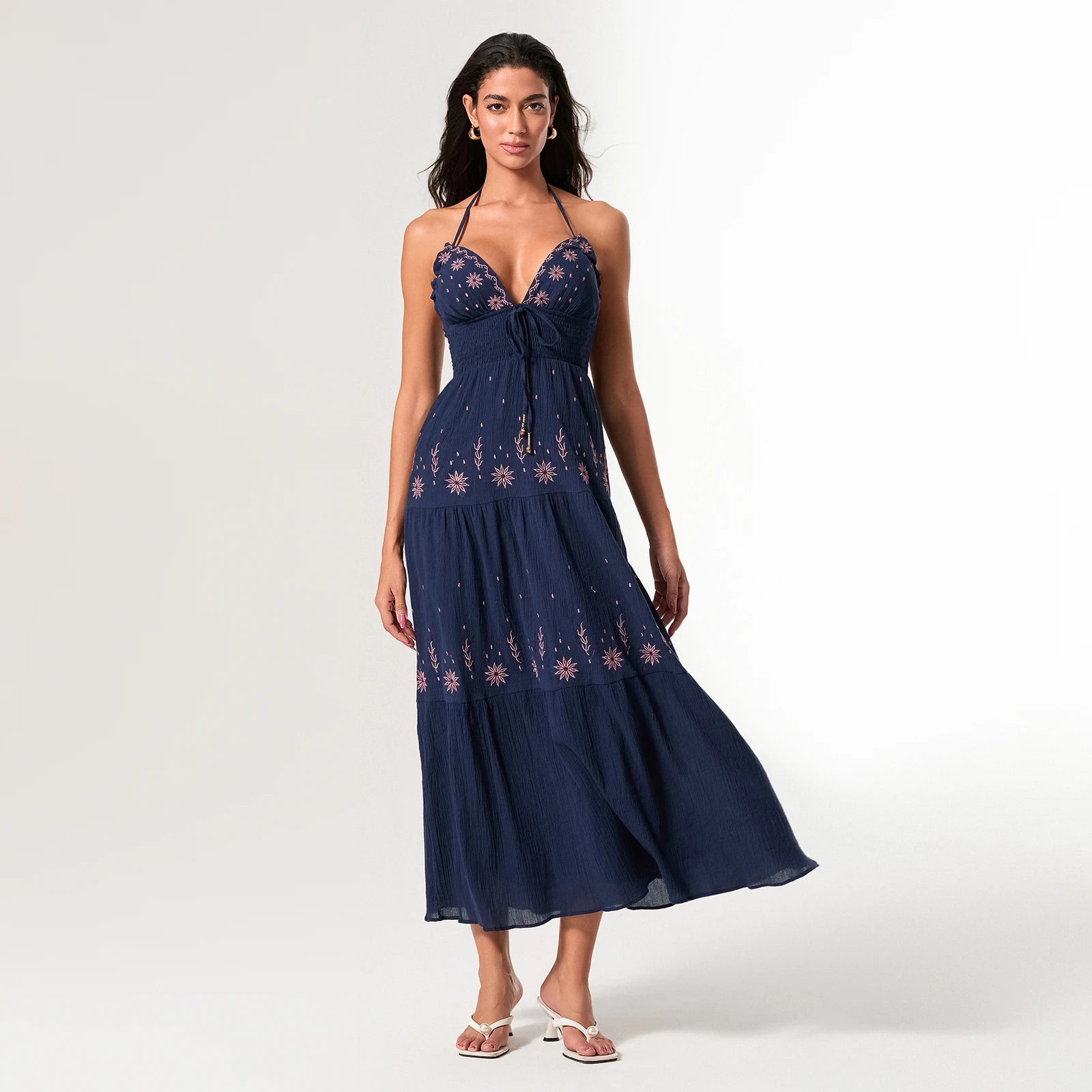 Summer Casual Flower Embroidery Tie-Up Halter Neck Sleeveless Dress