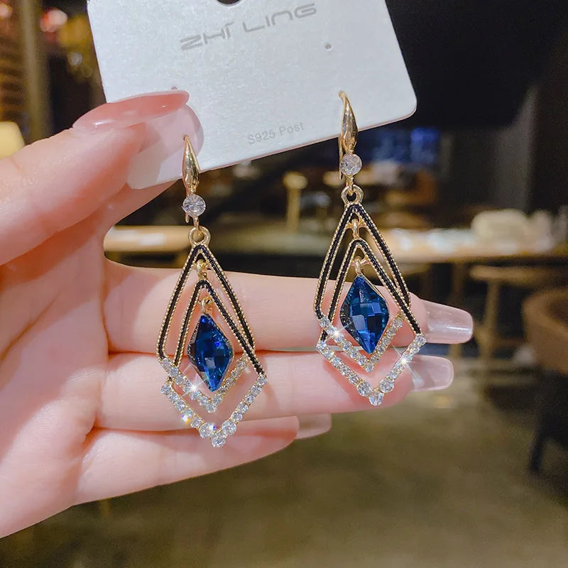 Trendy  Long Blue Crystal GeometryDangle Drop Earrings
