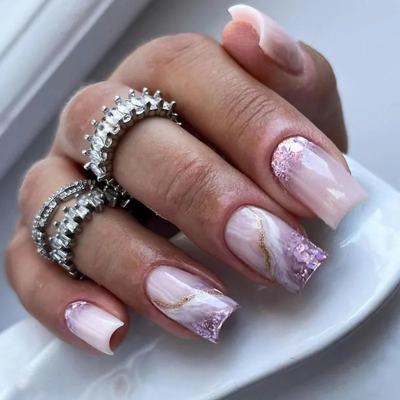 24Pcs Mid-length Square Press-On Nails with Golden Butterfly Design