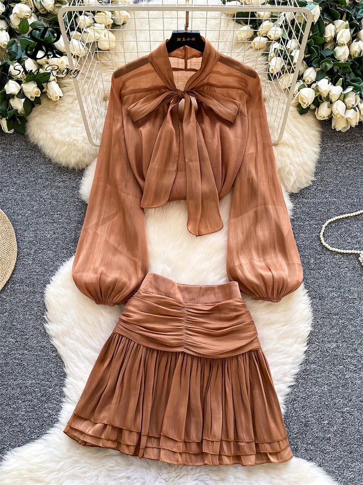 French Style Lace Up Bow Tops+Mini Draped Skirts 2Pcs Sets