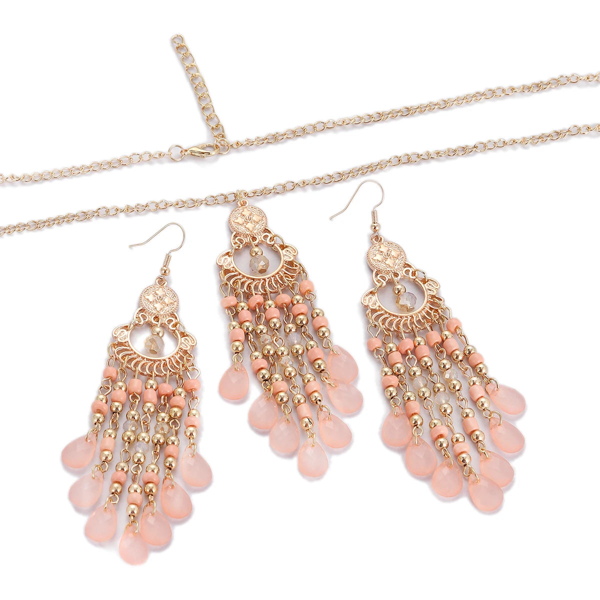 Bohemian Multicolor Crystal Long Tassel Dangle Earrings & Necklace Set – Retro Gold-Plated Geometric Wedding Jewelry