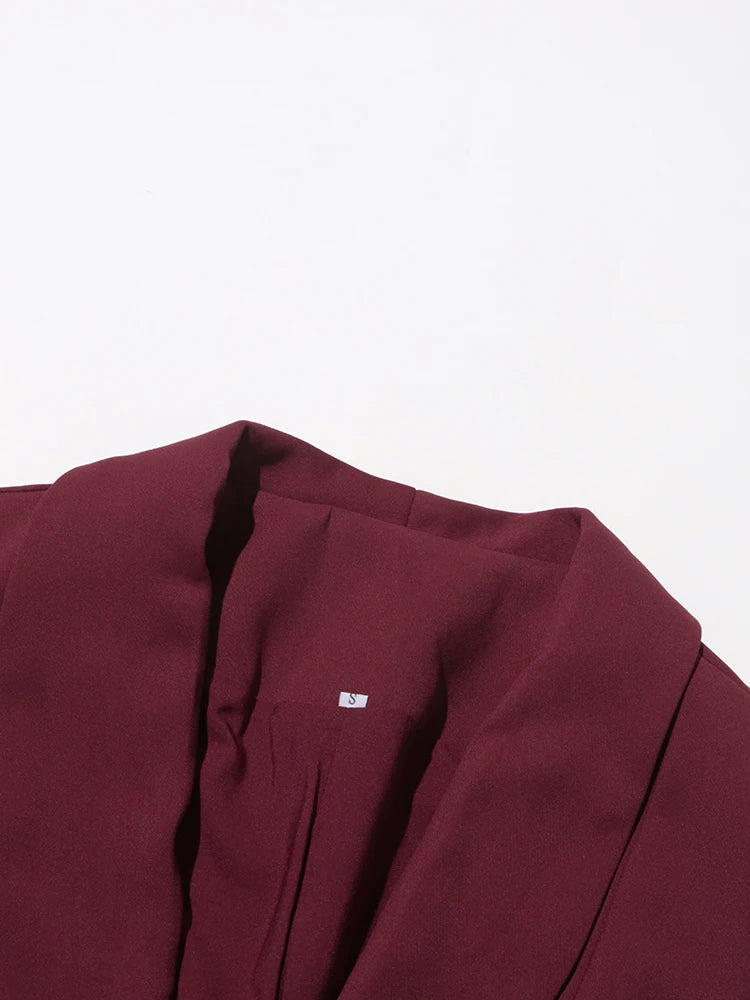 Solid Burgundy Lapel Long Sleeve Spliced Appliques Coats High Waist A Line Skirt Set