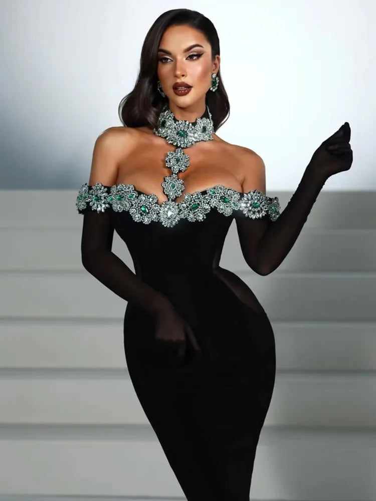 Celebrity Sexy Diamonds Crystal Black Maxi Long Bodycon Elegant Dress