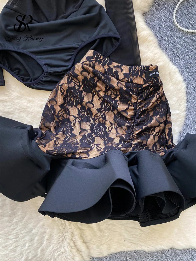 Sexy Floral Lace Suit Mesh Sheer Slim Bodysuit+Ruffles Mini Mermaid Skirt