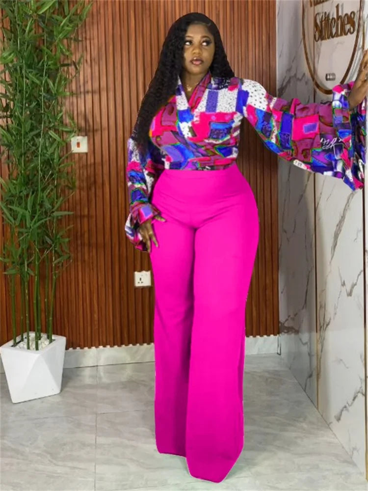 Long Sleeve Print Top & Wide Leg Pants Matching Suit for Effortless Fall Style