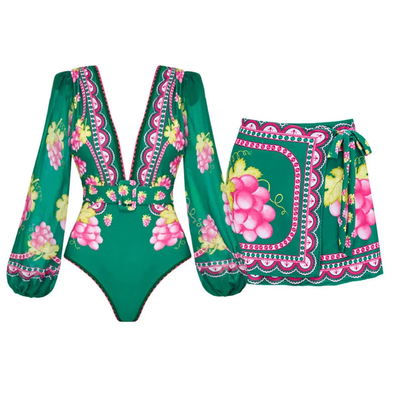 Sexy One Piece Long Sleeve Swimwear And Skirt