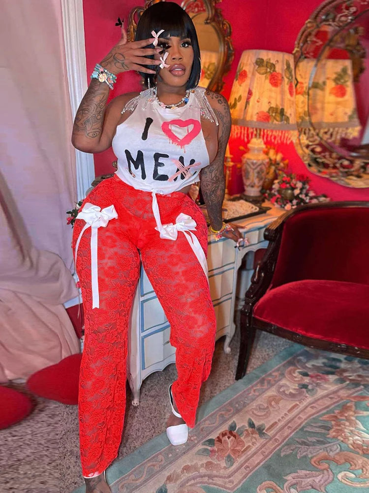 Summer White Tshirt and Pant Transparent Knitted Suit