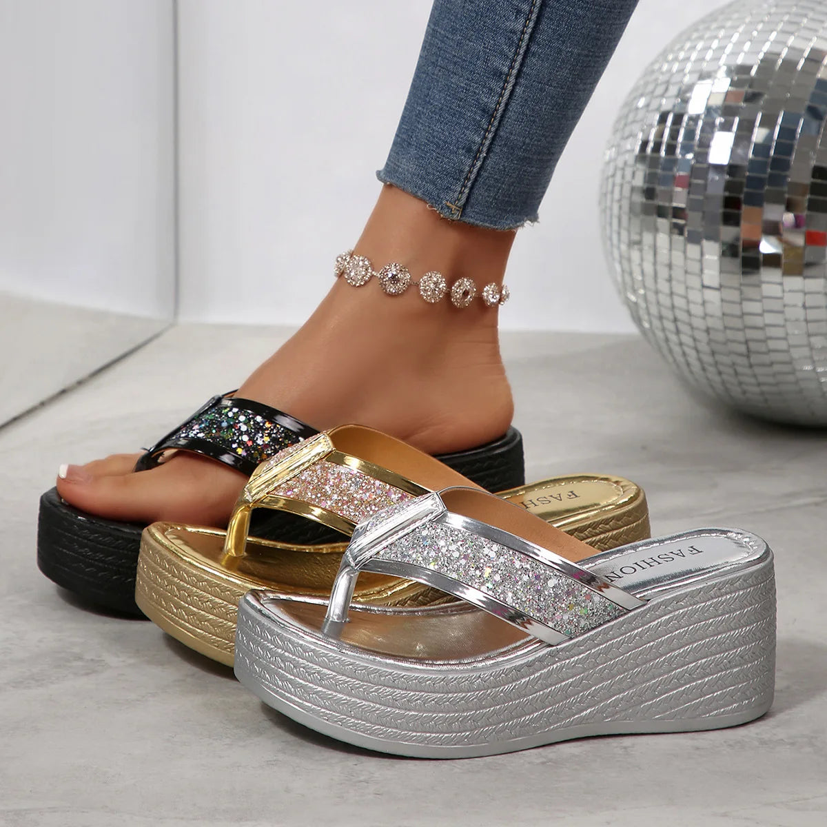 2026 Summer Plus Size Sequin Platform Wedge Sandals