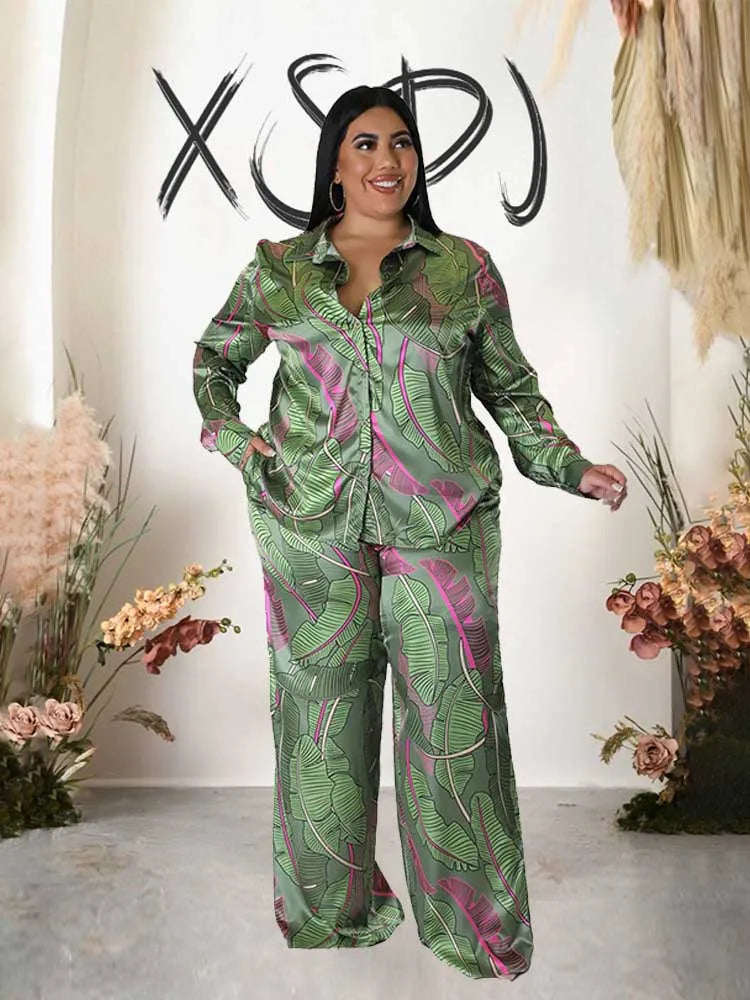 Plus Size Autumn Shirt Blouse and Straight Trouser Print
