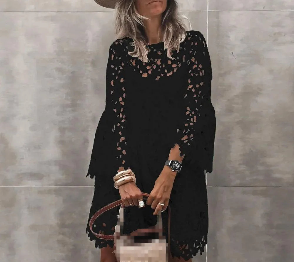 Summer NEthnic Style Sexy Lace Hollow Fashion Printed Temperament Long Sleeve Short Casual Dress