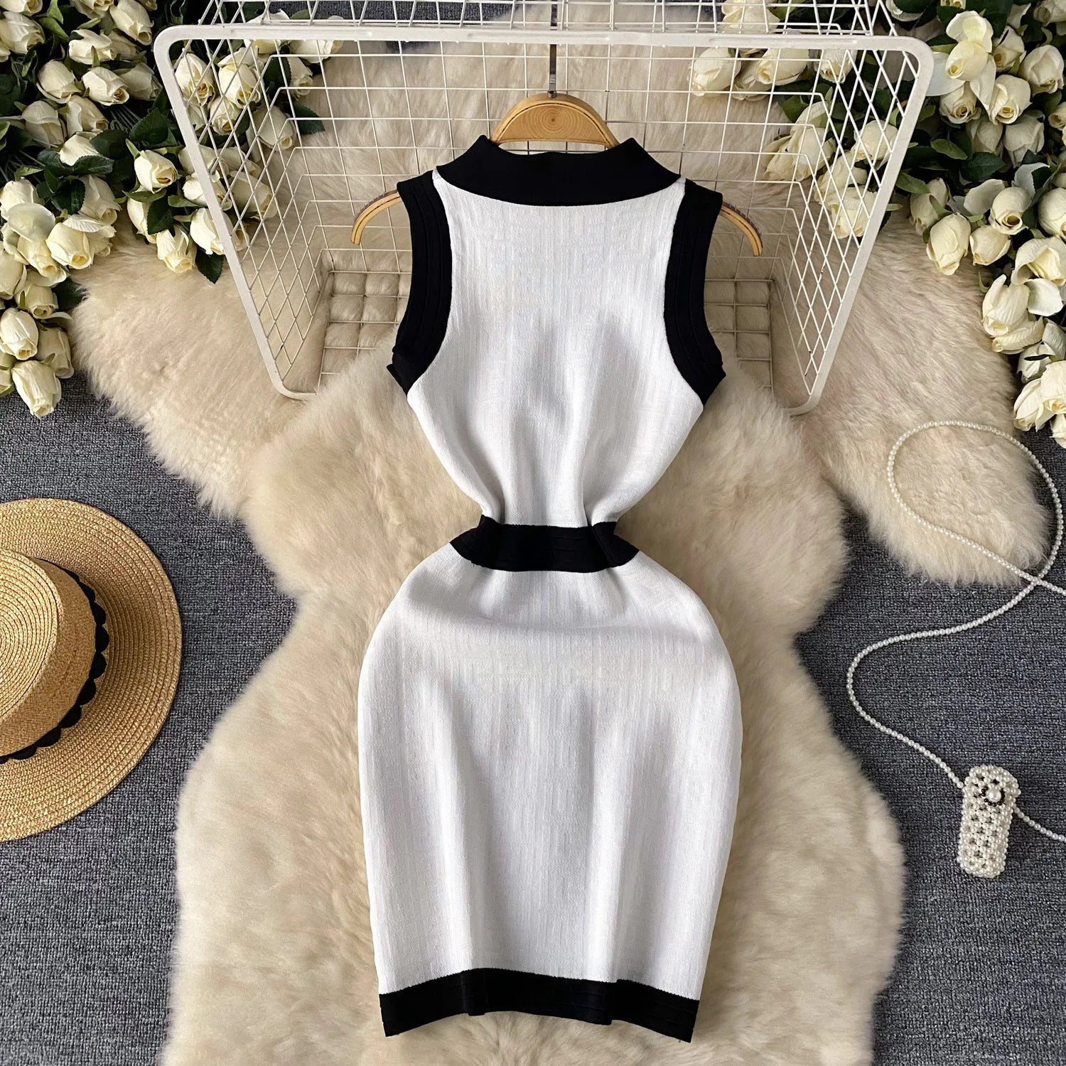 Vests Knitted  Bodycon Streetwear Polo Neck Sleeveless Single Breasted Splice Dress