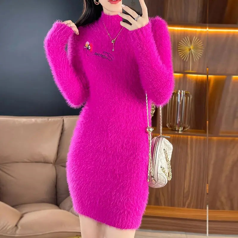 Imitation Mink Fleece Autumn Winter New Plush Slim Sweater Dress