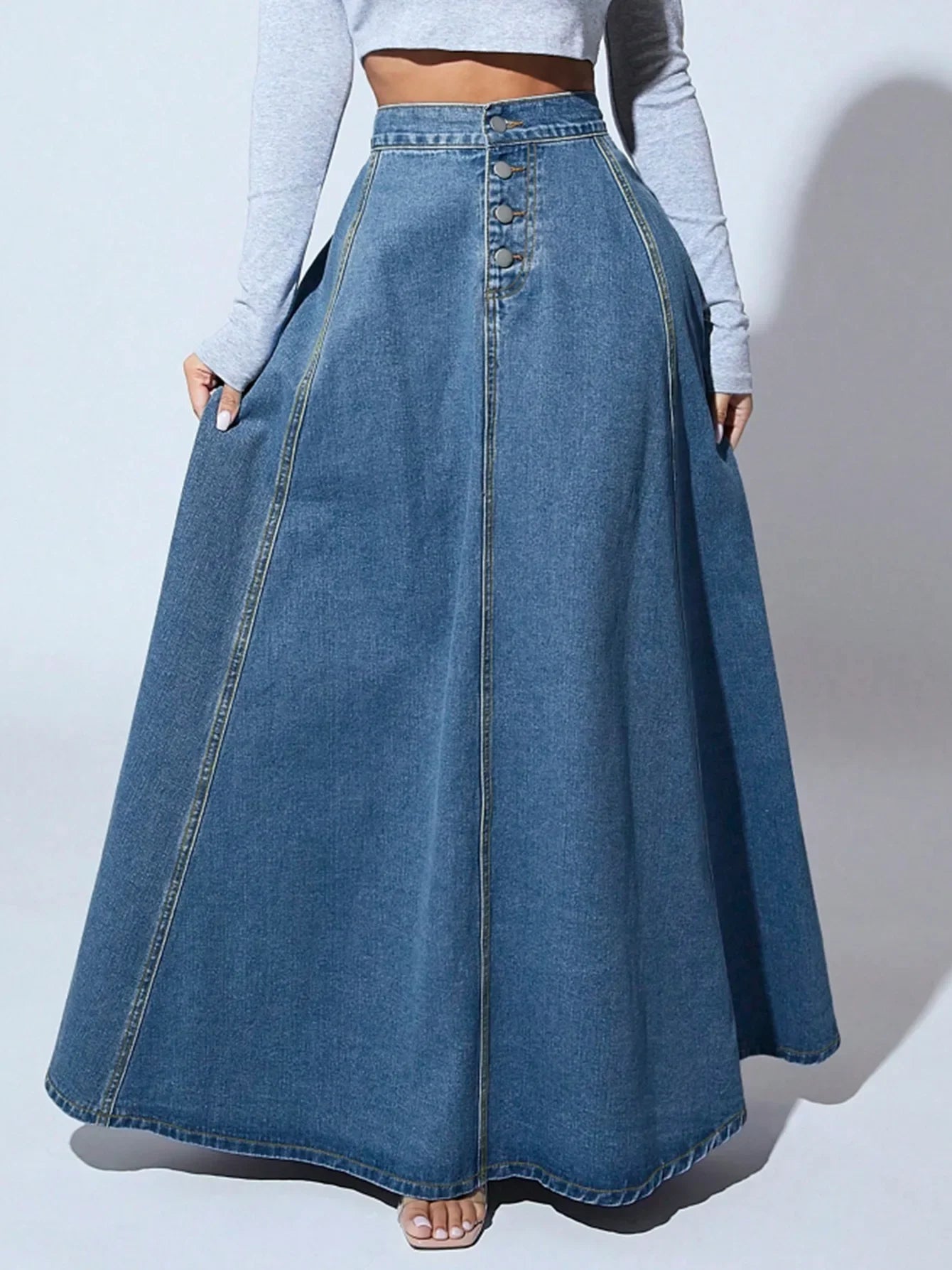 High Waist Jeans Vintage Maxi Denim Skirt