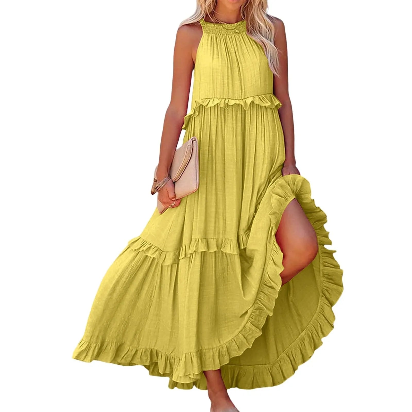 Long Summer Round Neck Flounce Pleated Romantic Big Swing Beach Dresses