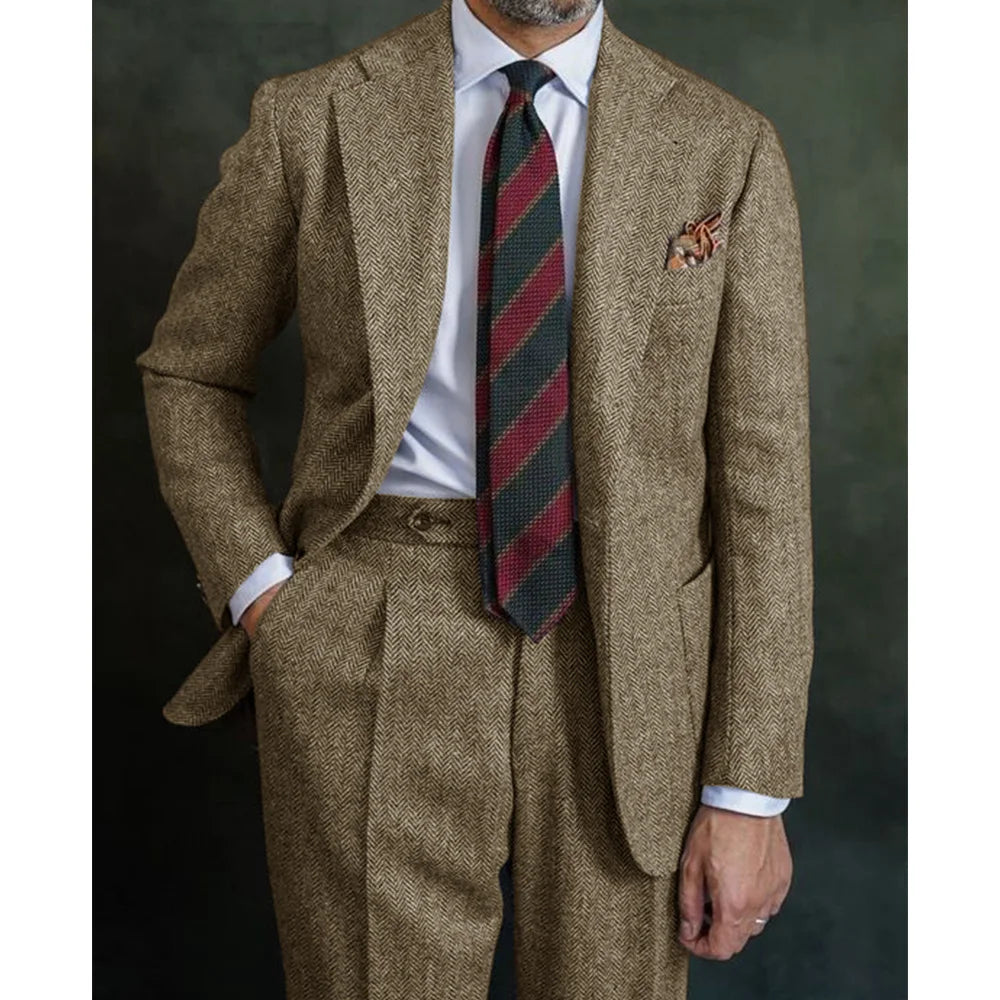 Classic Men’s Three‑Piece Herringbone Suit Set – Blazer, Vest &amp; Pants in Coarse Wool Blend