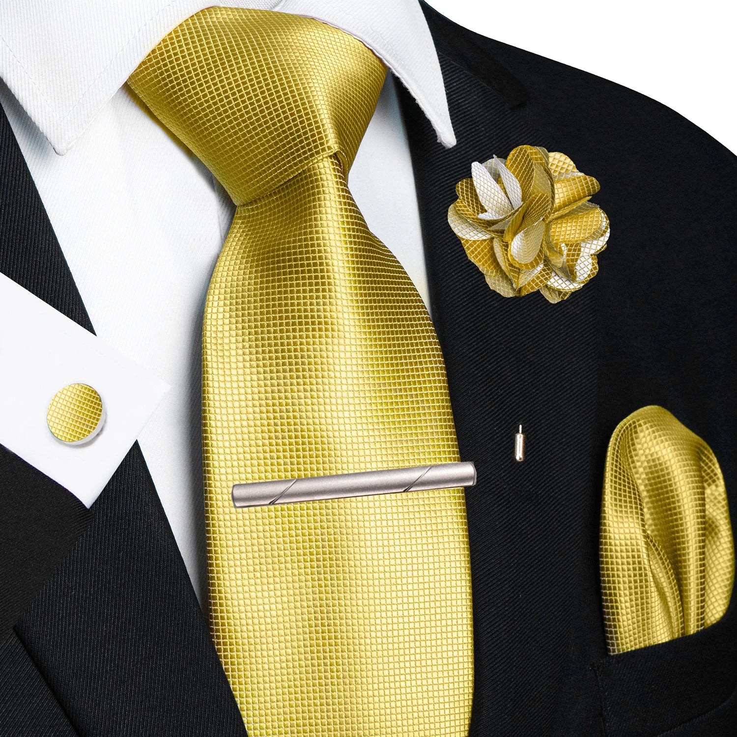 Brown Yellow Plaid Silk Tie Set for Men