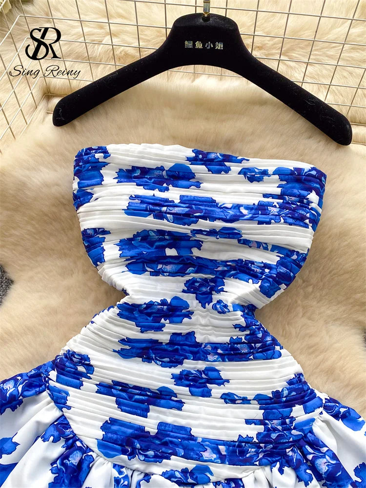 Floral Print Summer 2026 Backless Stretchy Slim Pleated Strapless Mini Dresses