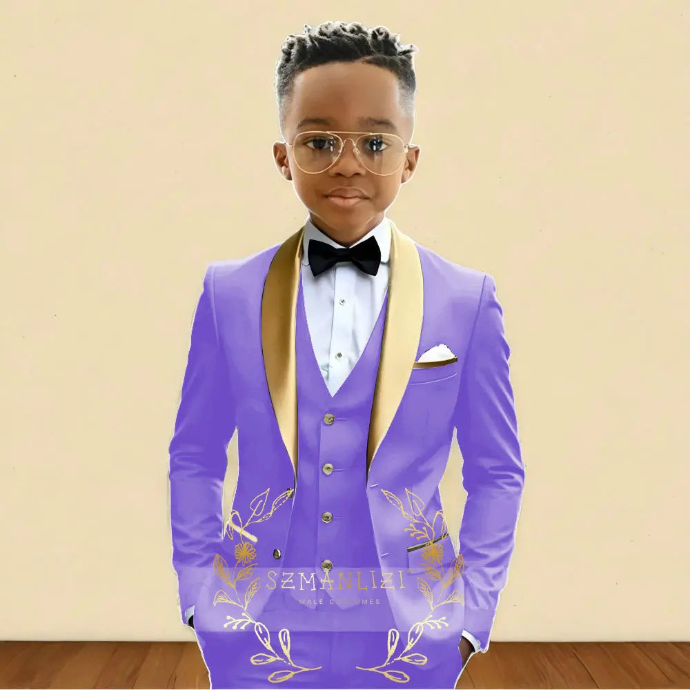 3‑Piece Boys Wedding Suit with Gold Shawl Lapel (2–16 Years)