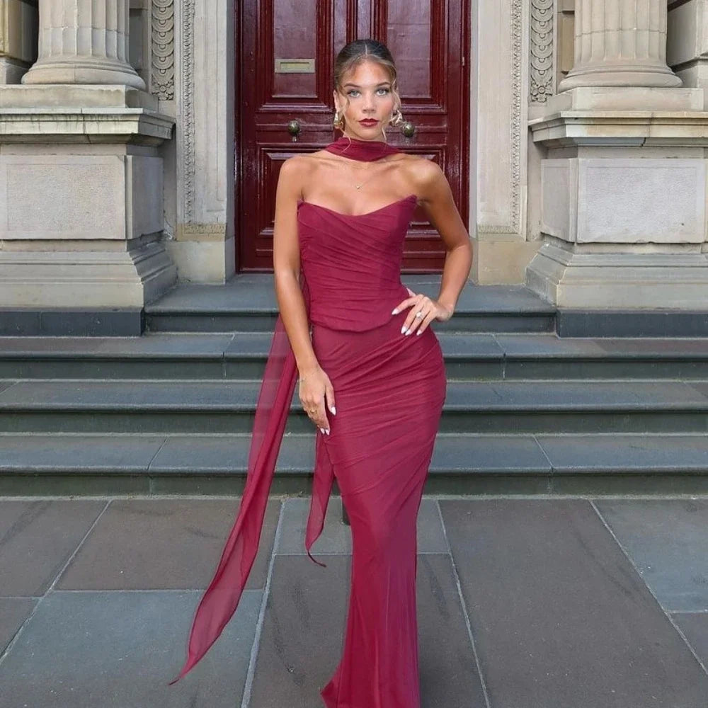 Elegant Sexy Cropped Top and Long Dress Set with Scarf