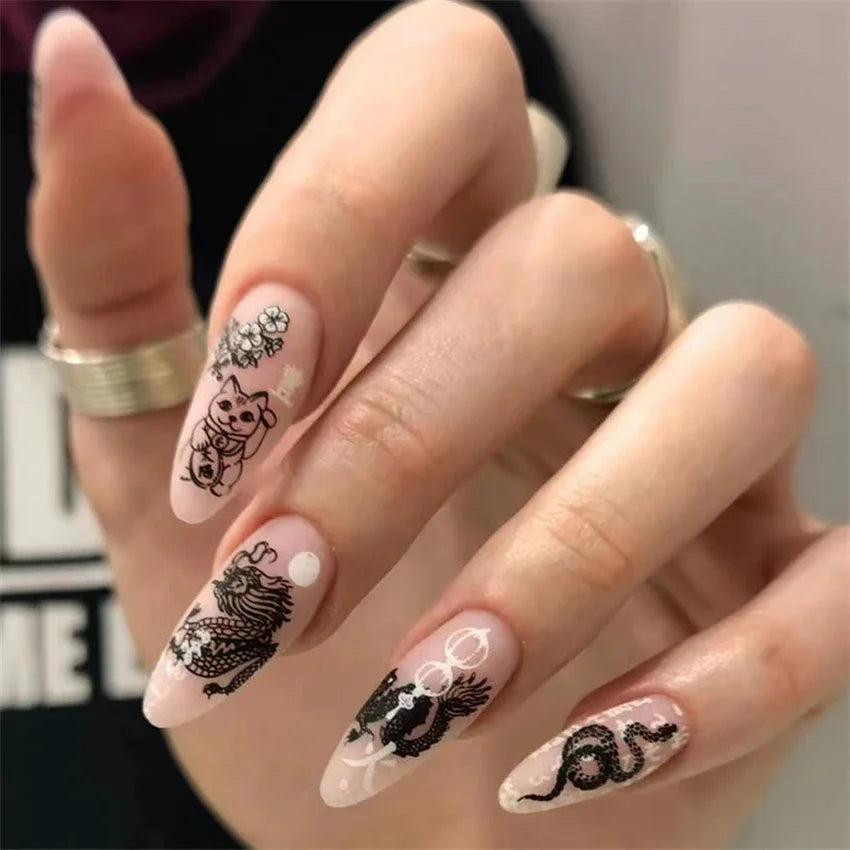 24Pcs/Set Long French Heart Gold Thread Fake Nails